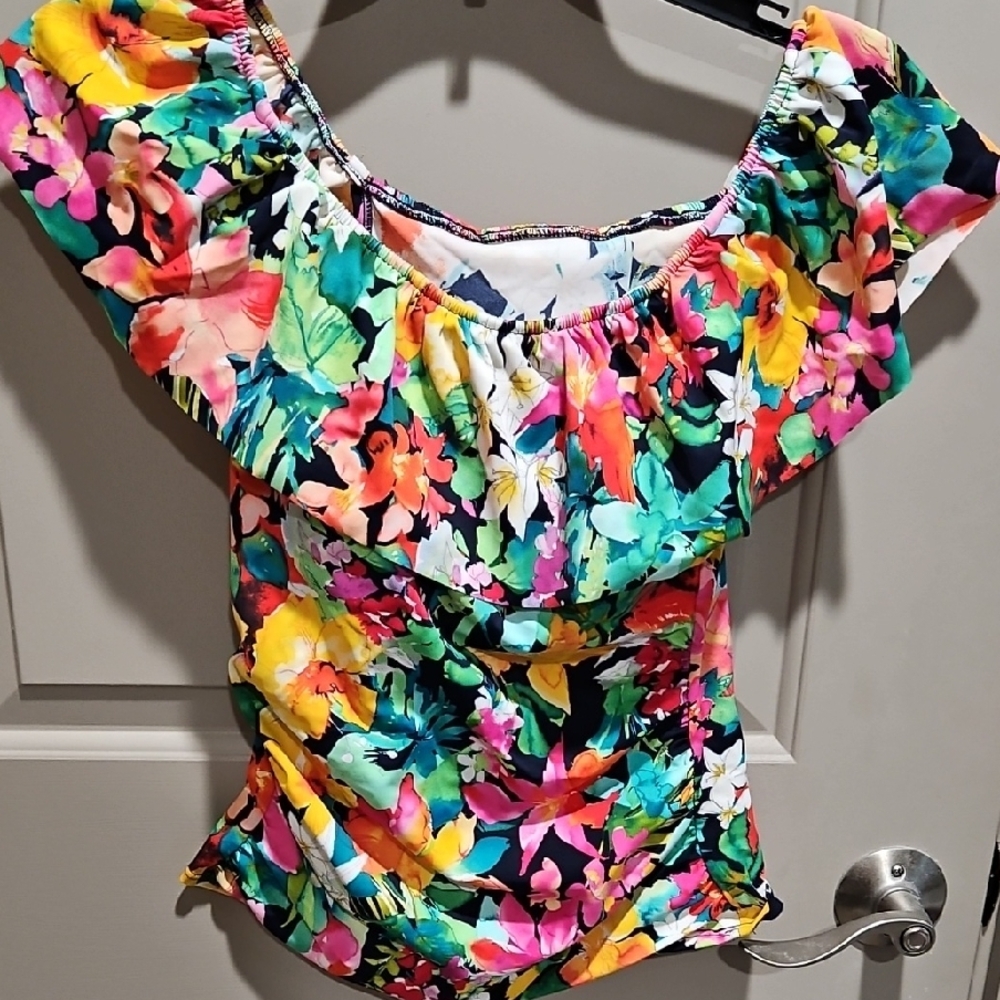 Fitted Pink and Yellow Ruffled Swim Blouse